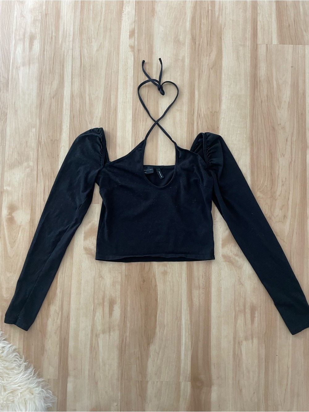 ASOS Black Long Sleeve Puff Shoulder Halter Crop Top